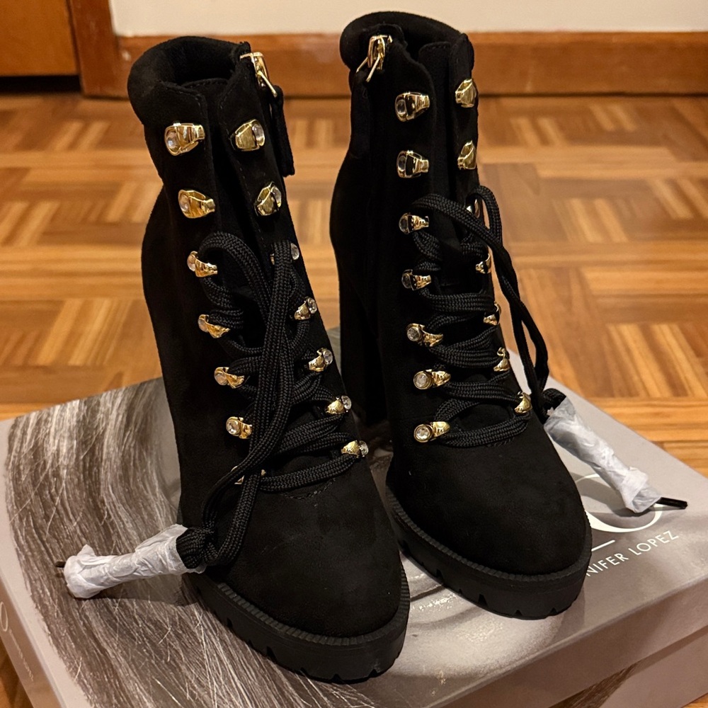 Jennifer Lopez Black Lace-Up Boots with Gold Highlights